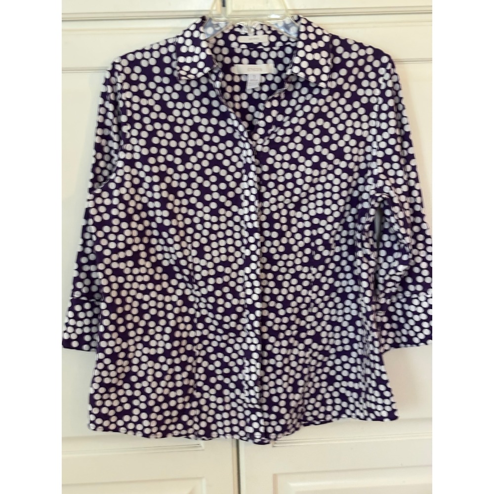 Chicos No-Iron Purple Polka Dot Button Down Shirt 100% Cotton Size L
